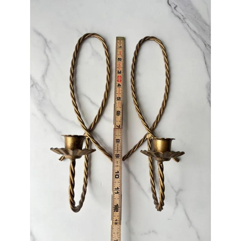 Vintage Gold Twisted Metal Wall Sconce Candle Holders Pair Loop Hollywood‎ Reg
